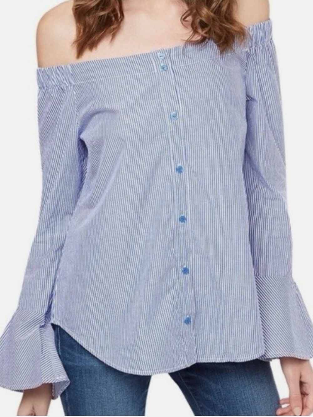 Sanctuary Blue and White Striped Off-Shoulder Button Front Top